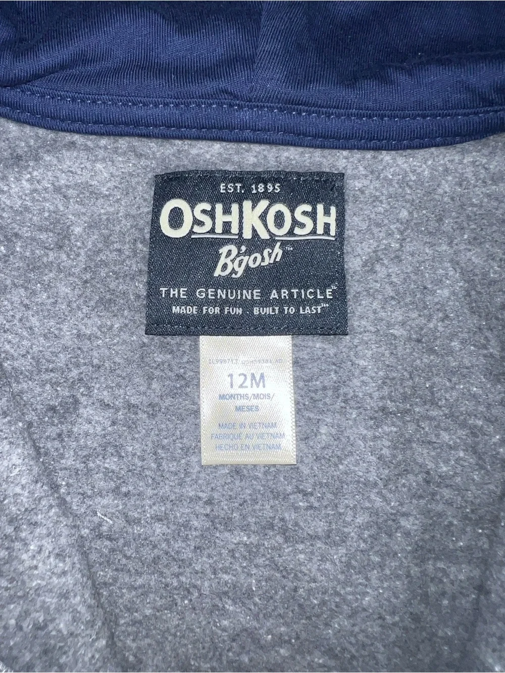 OshKosh Heather Gray Zip Hoodie with Navy Lined Hood - NWT